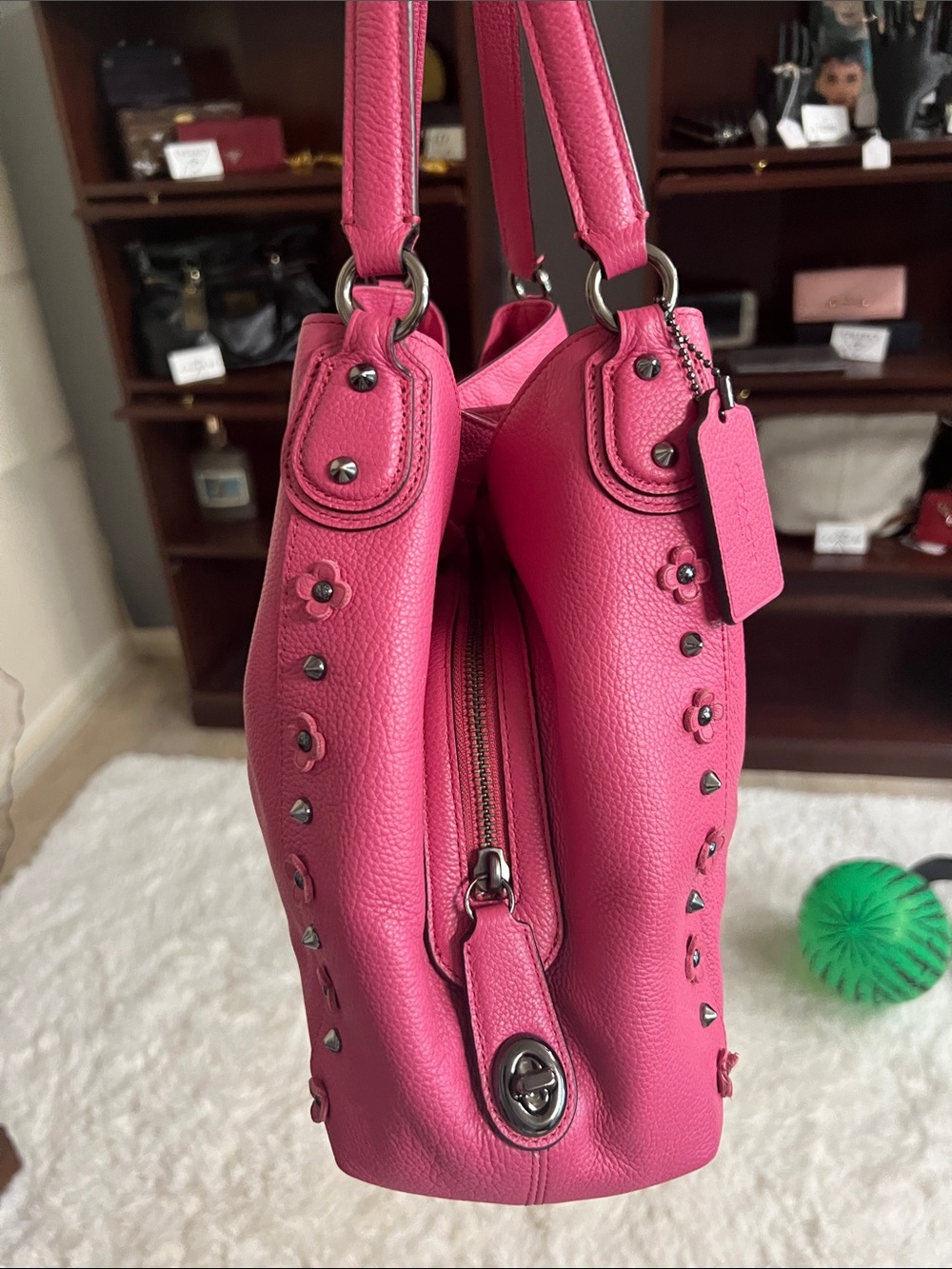 Coach Edie Dahlia Rivet Gunmetal Pink Pebbled Leather Shoulder Bag - Picture 2 of 11